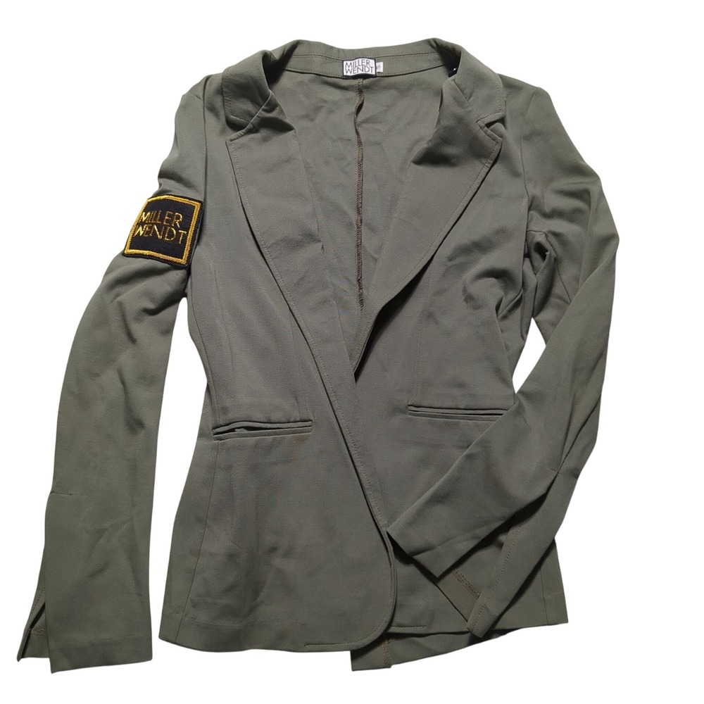 Miller Wendt Olive Green Jersey Blazer Patch Sleeve Open Front Jacket Small